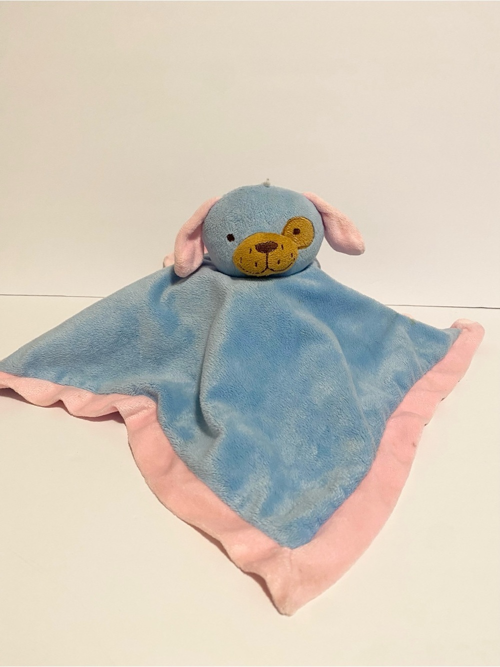 Blue Puppy Dog Lovey w Pink Trim Brown Patch Security Blanket Baby Cuddle Toy